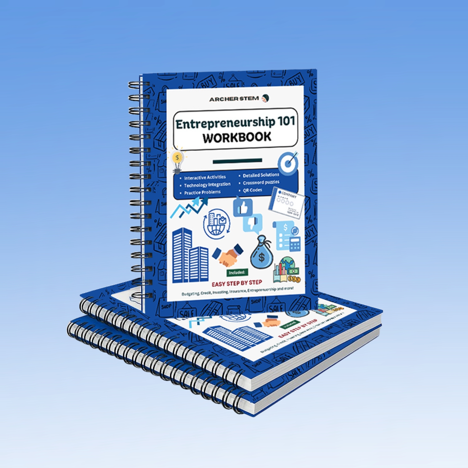 3D mockup of Entrepreneurship 101 Workbook by Archer STEM showing a modern business education workbook for beginners.
