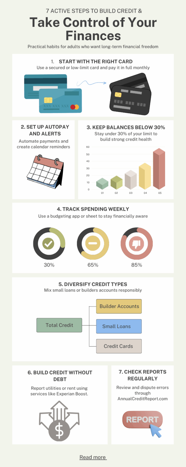 Infographic showing a rising credit score gauge and saving tips like paying on time, reducing debt, and budgeting smarter.