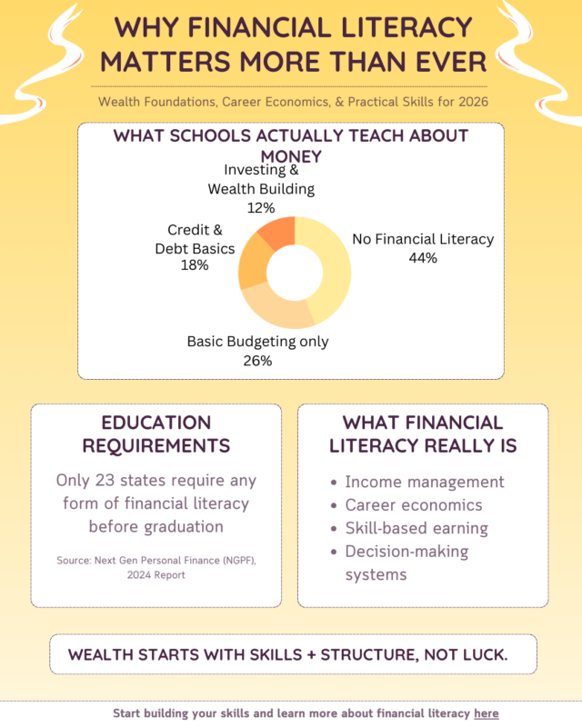 Infographic explaining why financial literacy matters in 2026, showing what schools teach about money, state graduation requirements, and core financial skills like income management and decision-making.